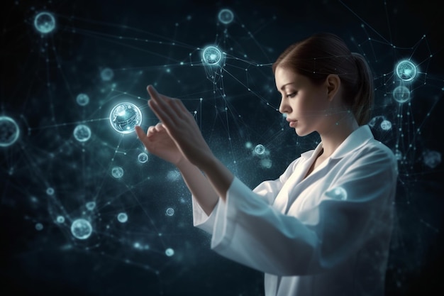 Photo a woman in a lab coat looks at a globe with the word cloud on it.