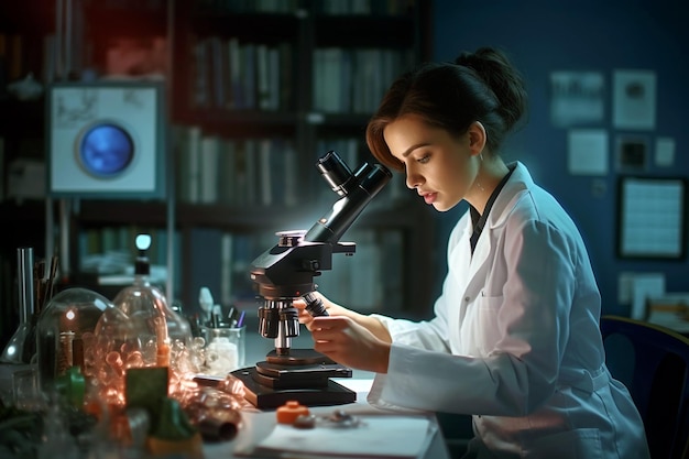 A woman in a lab coat looks at a microscope in a dark room.