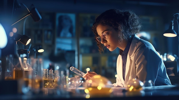 A woman in a lab coat looks at a test tube with a man in a white coat and glasses.