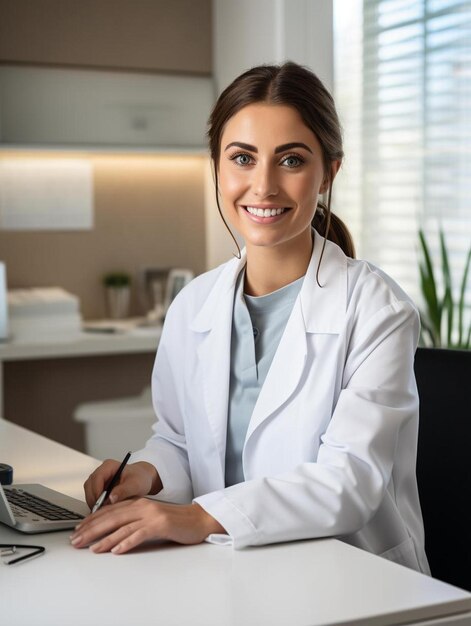 Photo a woman in a lab coat sits at a computer with a pen in her hand