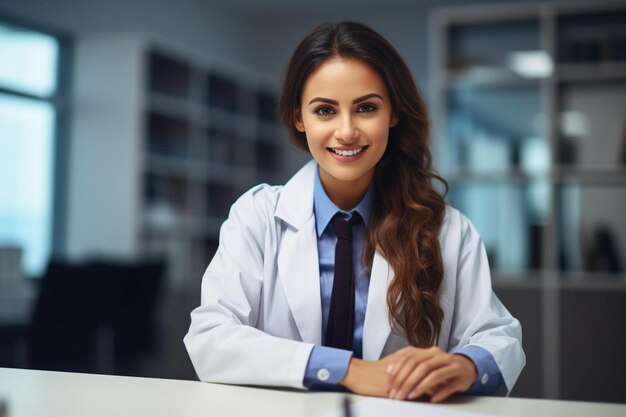 Photo a woman in a lab coat sits at a desk with a blue shirt and a tie