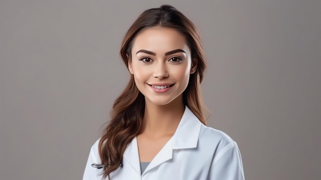 A woman in a lab coat smiles at the camera.