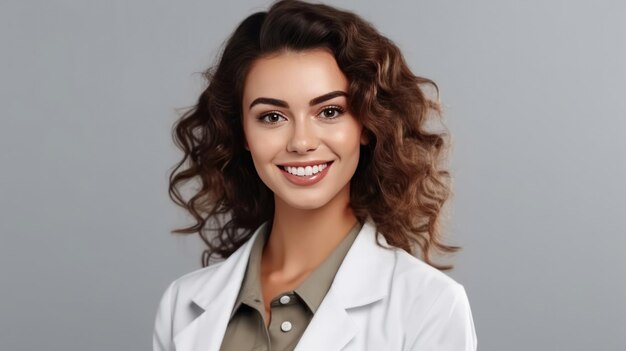 A woman in a lab coat smiles at the camera.