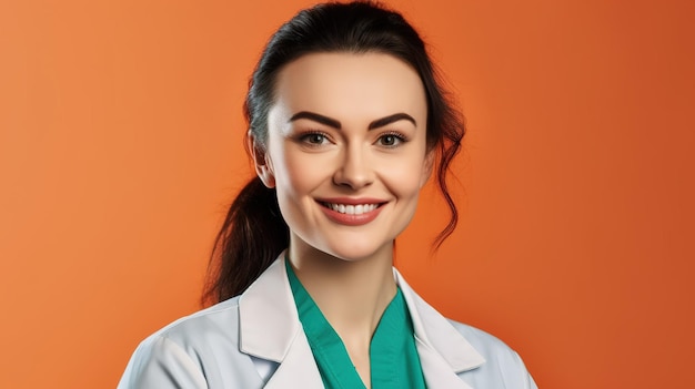 A woman in a lab coat smiles at the camera.