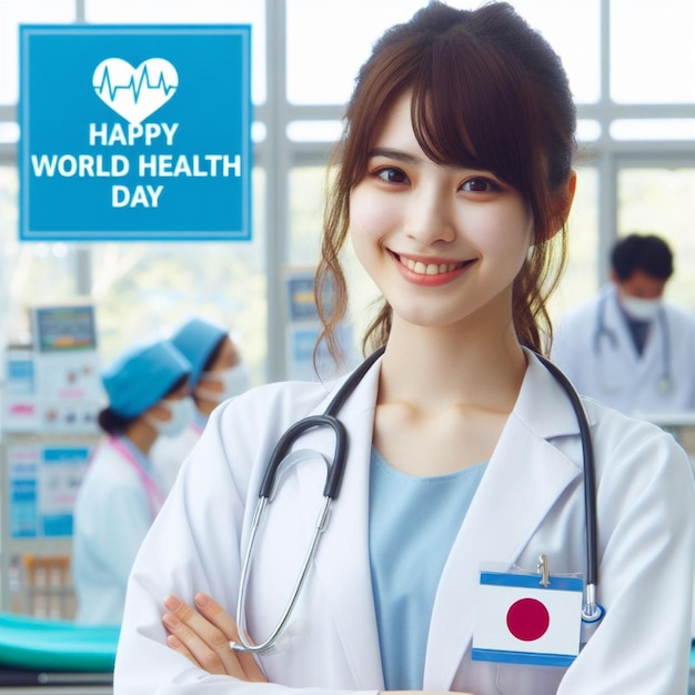 Photo a woman in a lab coat smiles with a blue background that says happy world