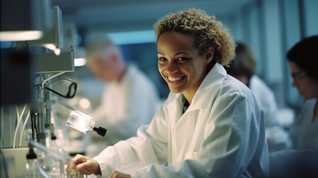 Woman in lab coat smiles working on machine