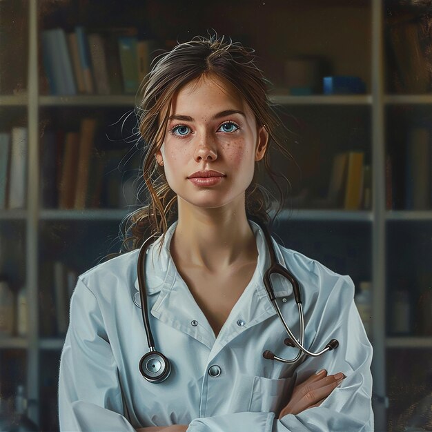 a woman in a lab coat stands in front of a book shelf