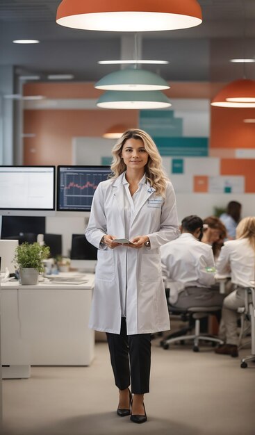 a woman in a lab coat stands in front of a computer screen