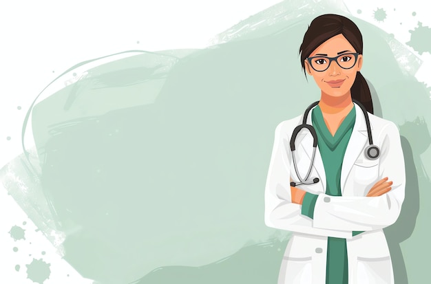 Photo a woman in a lab coat stands in front of a green background