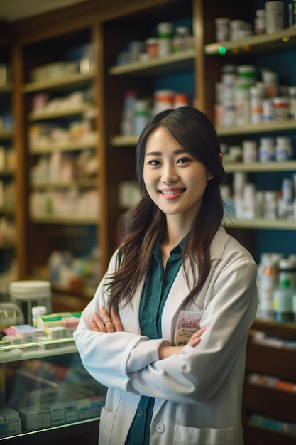 A woman in a lab coat stands in a pharmacy