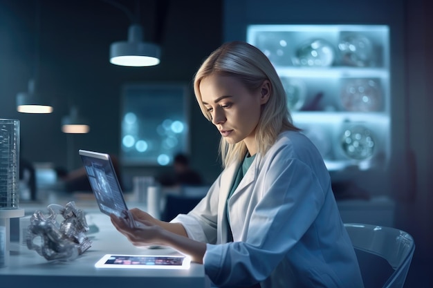 A woman in a lab coat using a tablet computer Generative AI