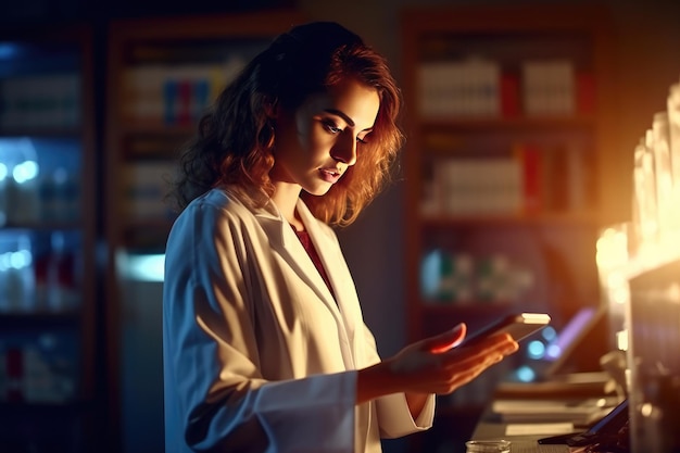 A woman in a lab coat using a tablet computer Generative AI