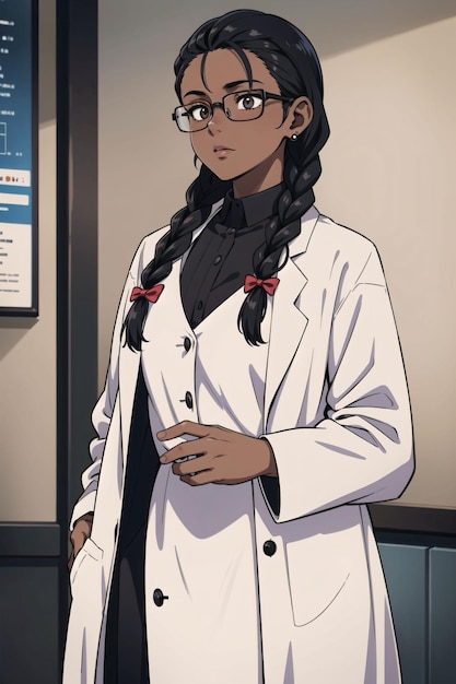 A woman in a lab coat with a red bow on her head