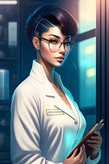 A woman in a lab coat with the word lab on the front.