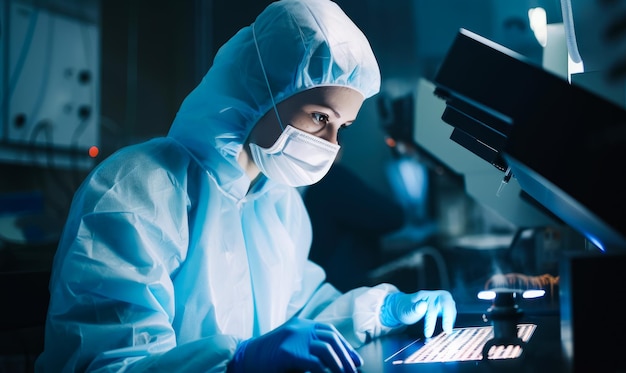 Woman in a lab coat working on a computer A scientist in a lab coat and mask working on a computer