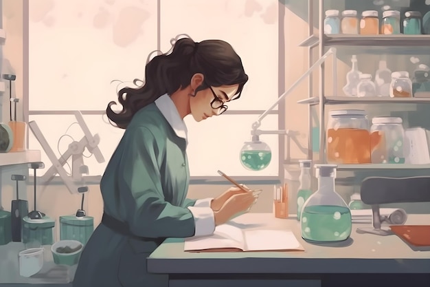 A woman in a lab coat writes in a notebook