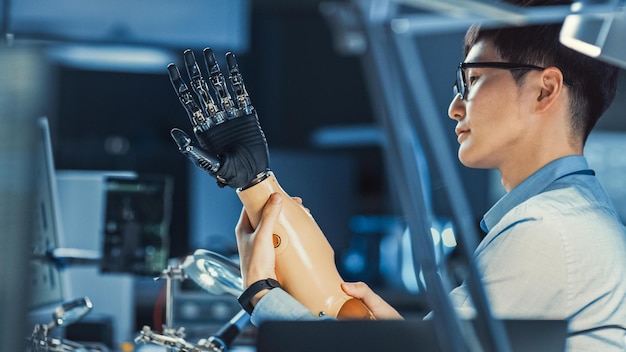 A woman in a lab wearing a robotic glove sits next to a robotic arm.