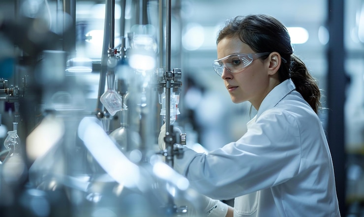 Photo a woman in a lab with a lab coat and glasses