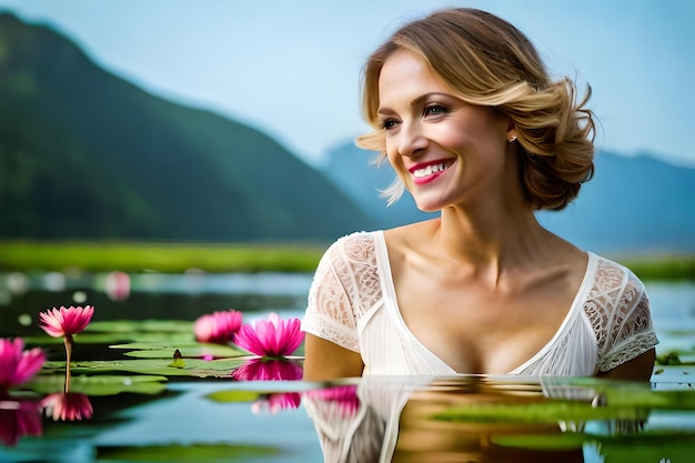 Photo a woman in a lake with a lotus flower