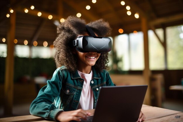 Photo woman laptop innovation headset reality virtual vr digital technology