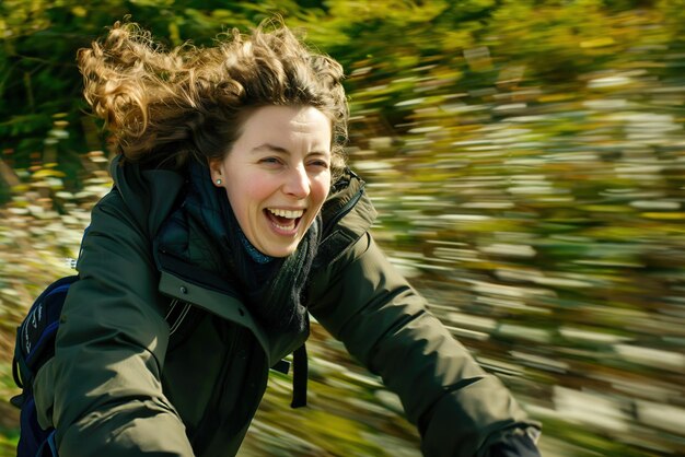 A woman laughing as she rides a bicycle through a sundappled forest experiencing the sheer joy of mo