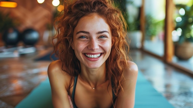 Woman Laughing and Exercising on a Yoga Mat at the Gym Generative AI