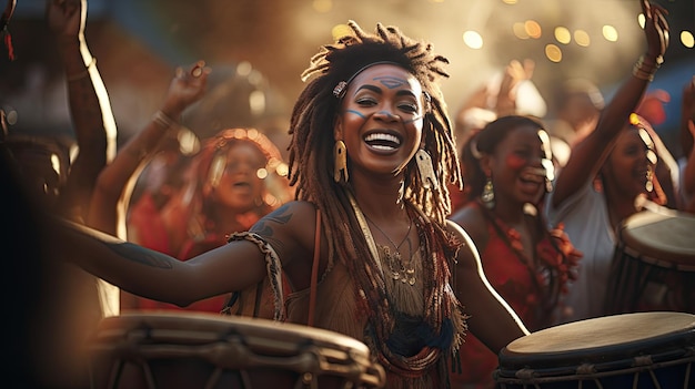 Woman Laughing Playing Drums in Front of Group of People