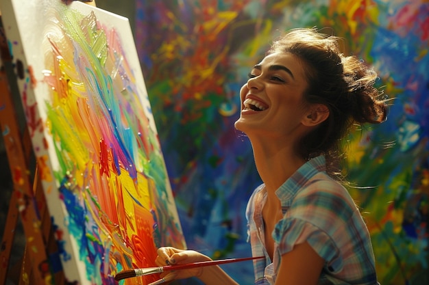 Woman laughing while painting a colorful masterpie