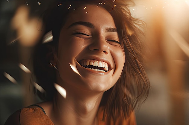 A woman laughing with her eyes closed