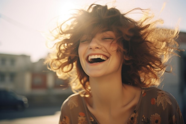 a woman laughing with her hair blowing in the wind