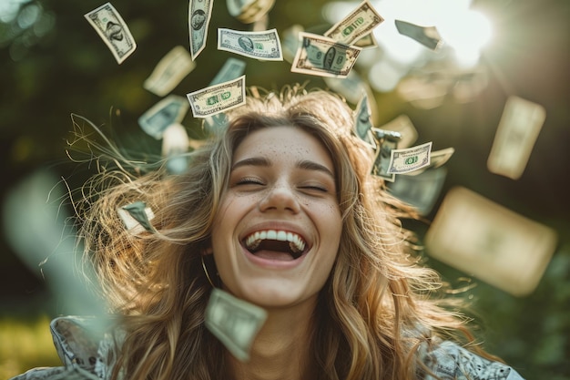 Woman Laughs Throws Money Into Air