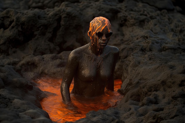 A woman in a lava bath with sunglasses and a pair of sunglasses sits in a lava field