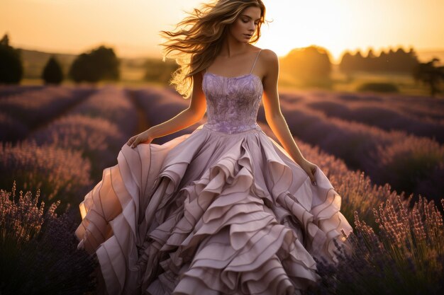 Photo woman in a lavender field surrounded by rows of vibrant lavender plants