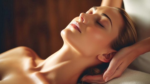 The woman lay on the sofa on her back with her eyes closed and enjoyed She receives a relaxing and therapeutic suspended head massage Spa client Wellness medical treatments in spa