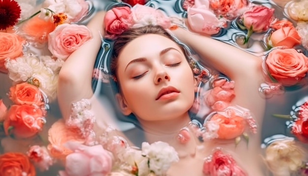 A woman laying in a bath with flowers on her face