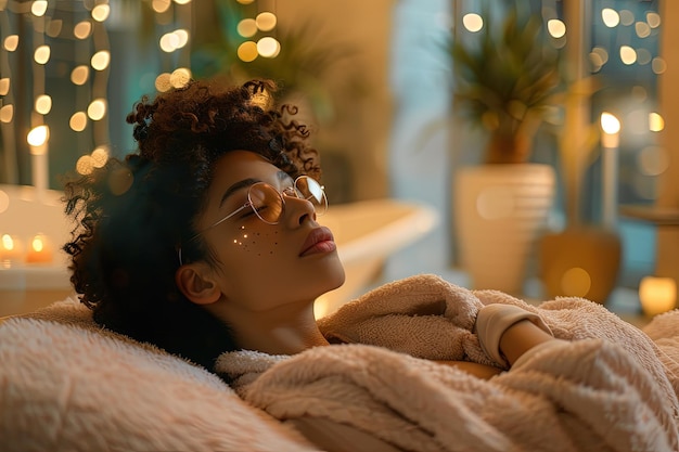 Photo a woman laying on a bed covered in a blanket