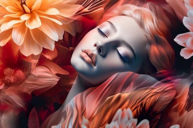 A woman laying on a bed of flowers generative ai image