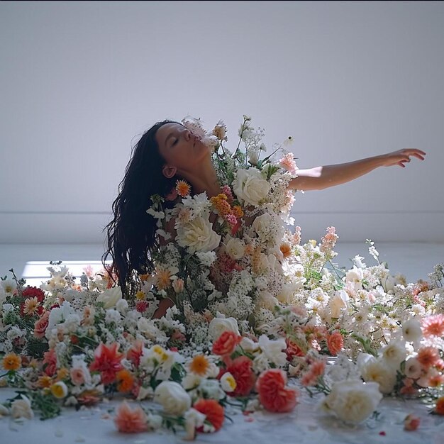 a woman laying in a bed of flowers