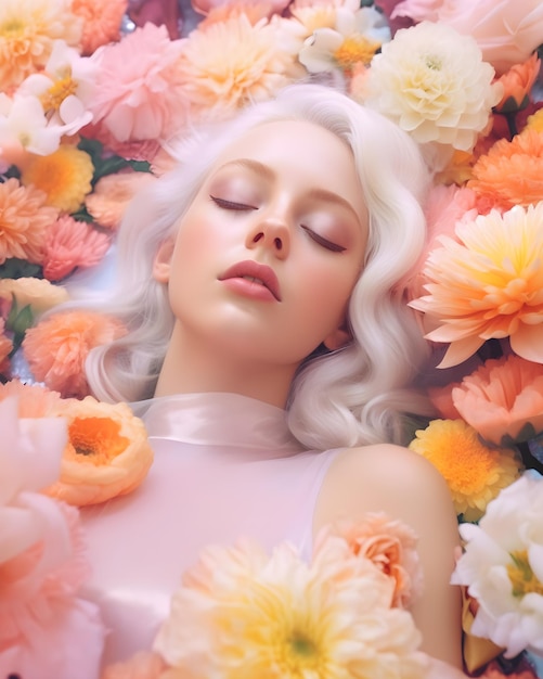 A woman laying in a bed of flowers