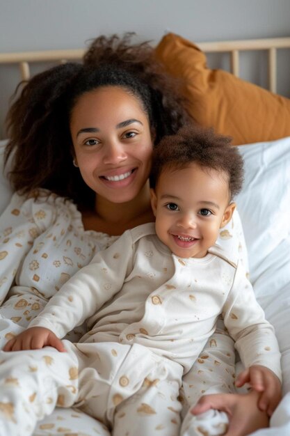 a woman laying in bed holding a baby