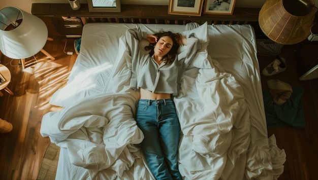 Woman laying on bed with white