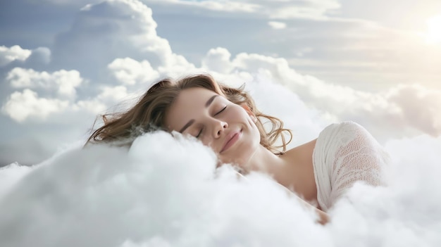 Woman Laying on Cloud in Sky