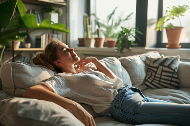 a woman laying on a couch in a living room