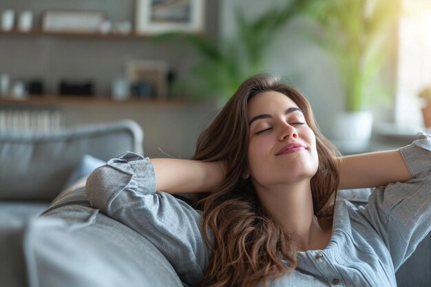 Foto una donna sdraiata su un divano con gli occhi chiusi