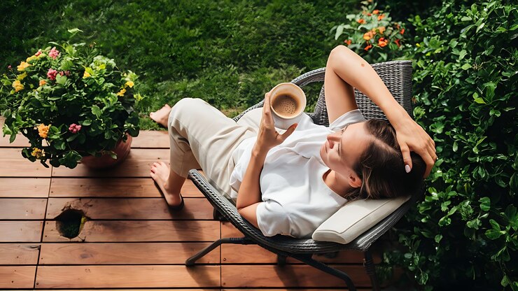 a woman laying on a deck reading a book and drinking coffee