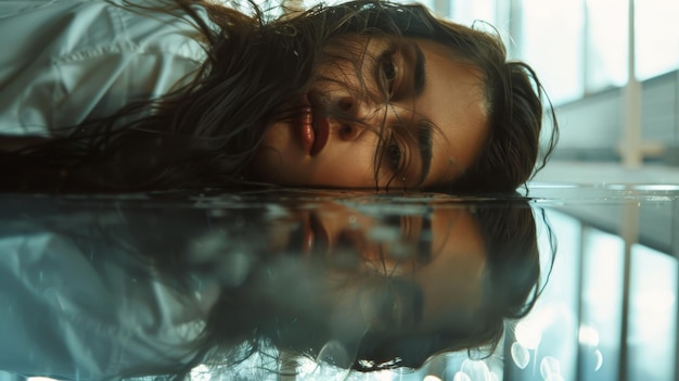 Woman Laying Down on the Floor with Water