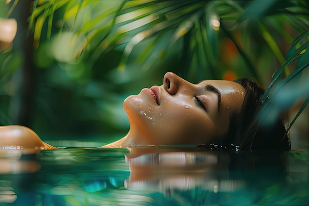 Foto una donna sdraiata in una pozza d'acqua