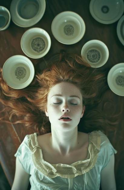 a woman laying down on a table with a group of cups around her