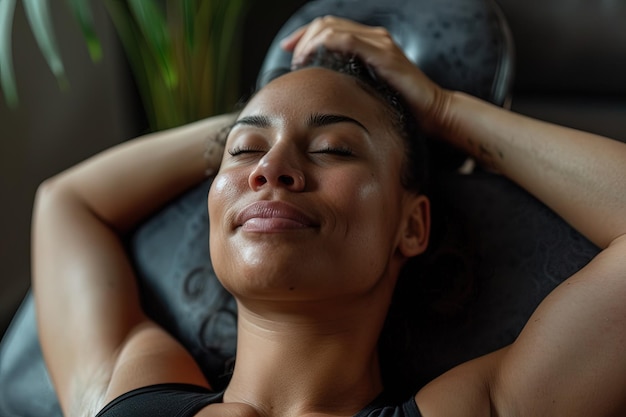 A woman laying down with her eyes closed