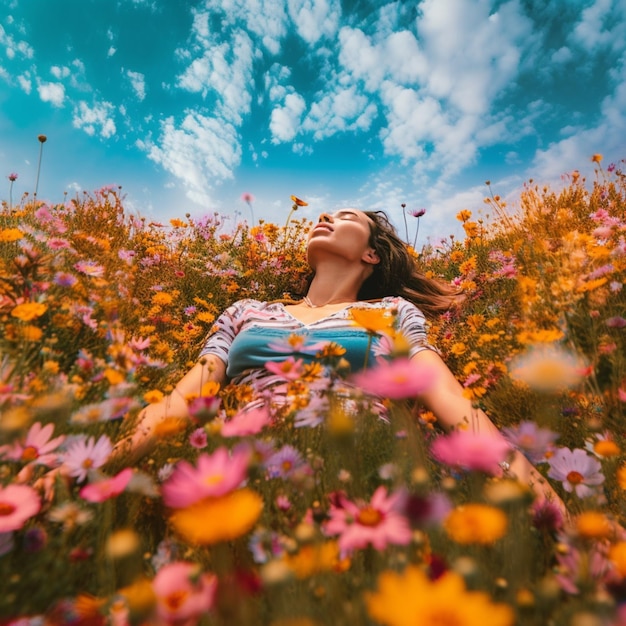 A woman laying in a field of flowers with a blue sky in the background.